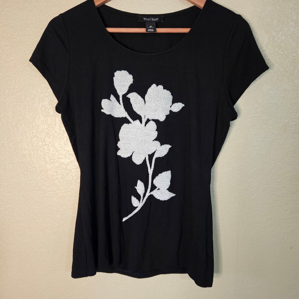 White House Black Market Sequin Rose Floral Tee - Size Medium